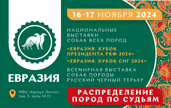 Распределение пород по судьям на национальных выставках собак всех пород «Евразия 2024» и Всемирной выставке собак породы русский чёрный терьер